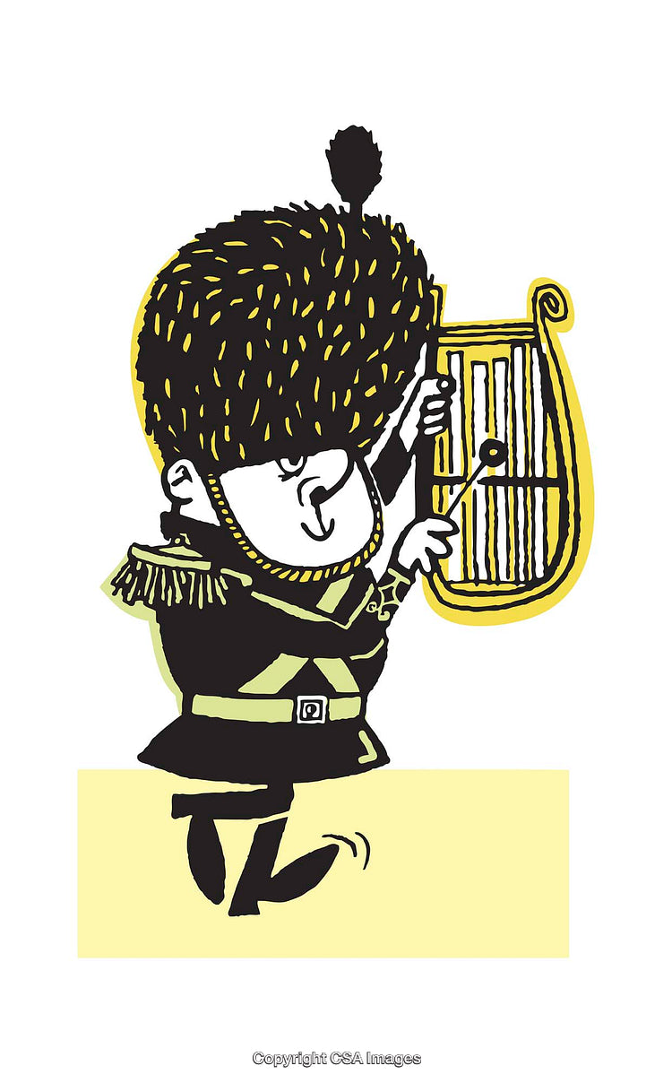 Whimsical Illustration of a Guard Playing a Lyre with Animated Details