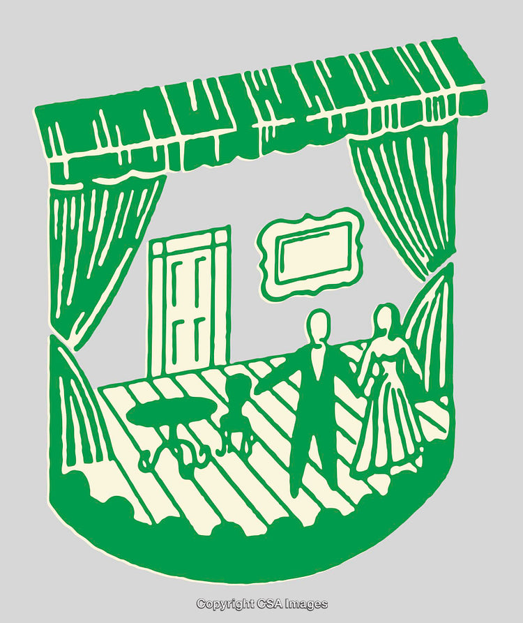 Vintage Green Illustration of a Theater Stage Scene with Curtains