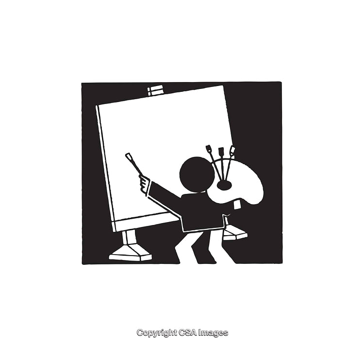 Minimalist Black and White Illustration of an Artist at Work on a Canvas