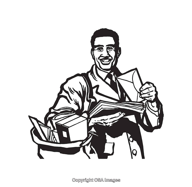 Retro Black and White Line Drawing of a Cheerful Courier Delivering Mail