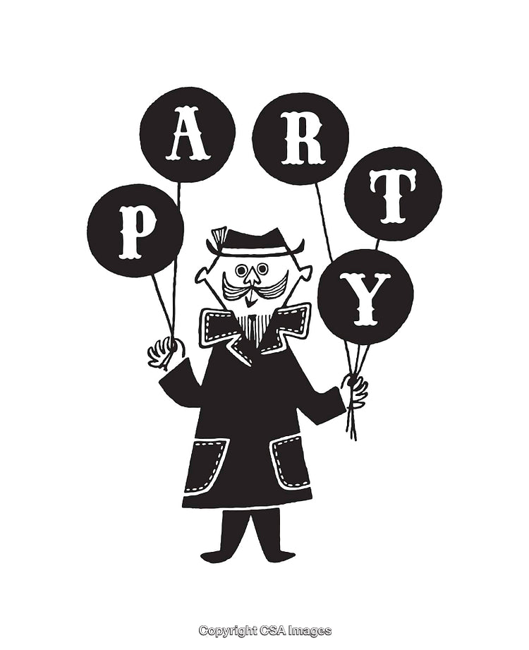 Festive Party Character Holding Balloons with Fun Black and White Design
