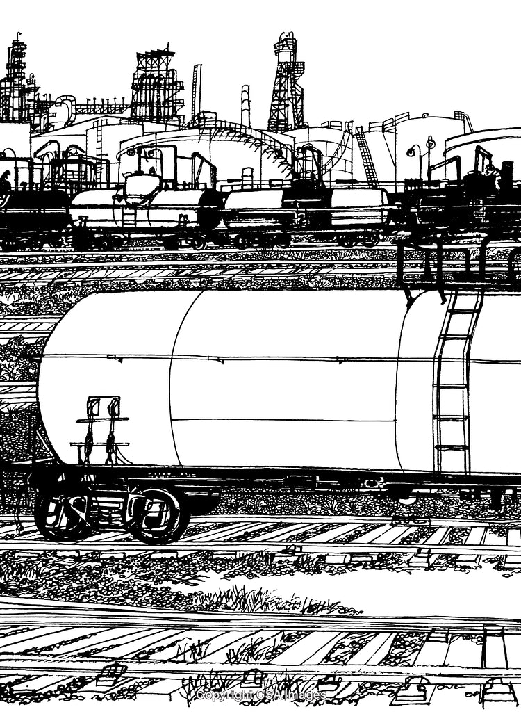 Black and White Engraved Scene of Train and Industrial Facility