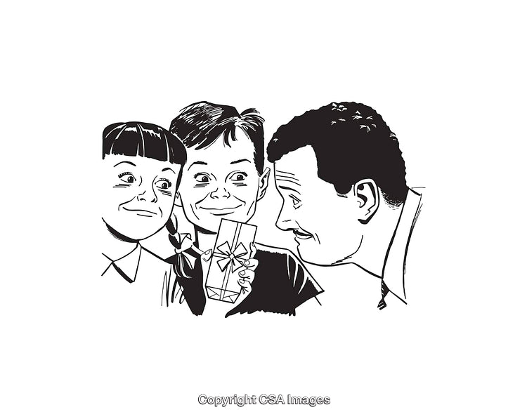 Black and White Illustration of Family Celebrating With Gift Exchange