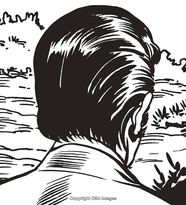 Black and White Illustration of a Man Facing a Scenic Landscape