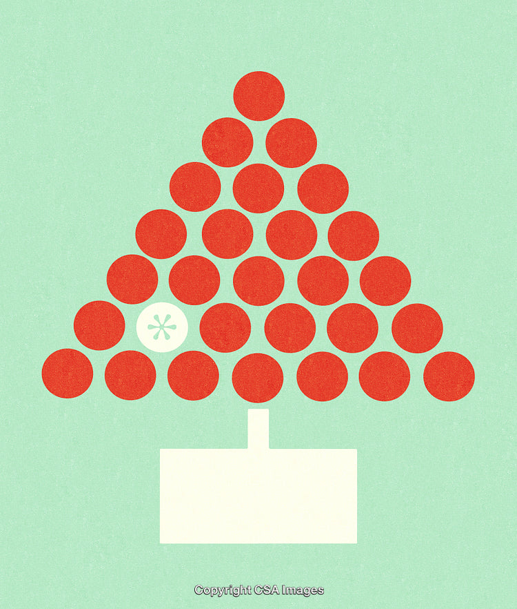 Minimalist Christmas Tree Design with Red Circles and Green Background