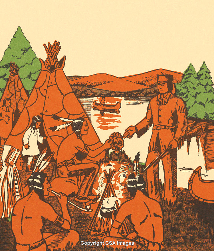 Illustration of Native American Camp With Teepees and Historical Interaction
