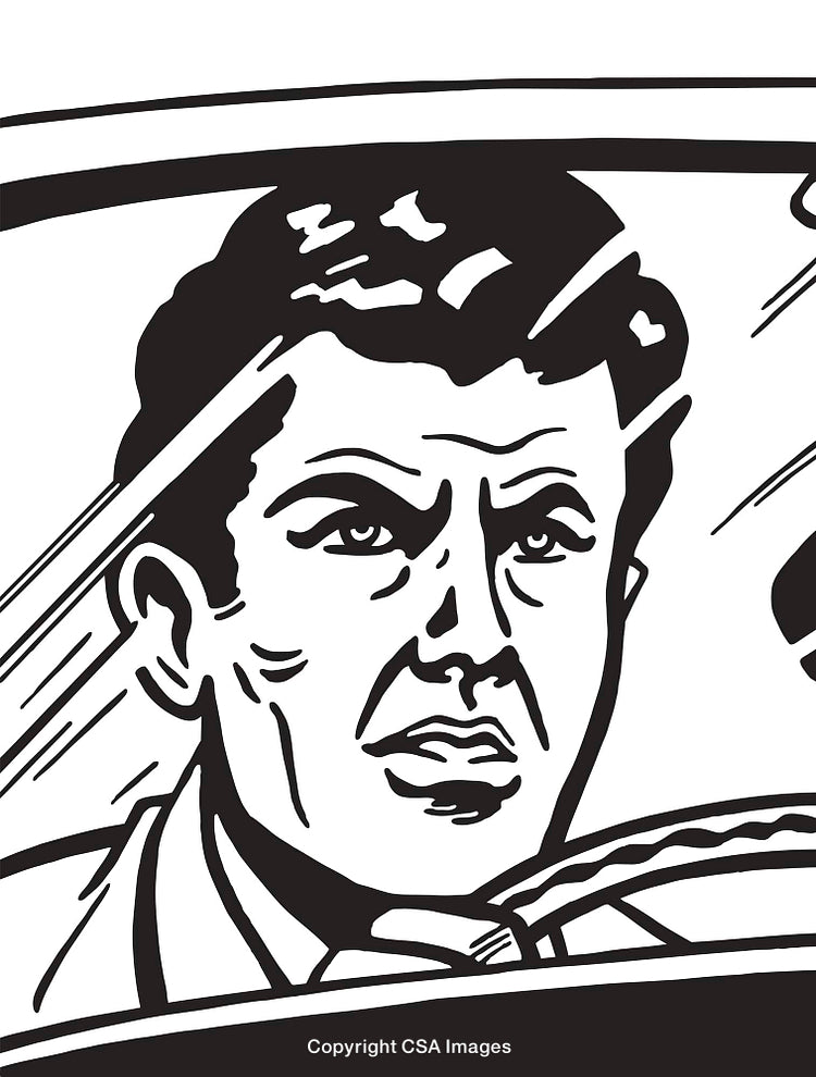 Retro Black-and-White Illustration of a Man Driving a Car