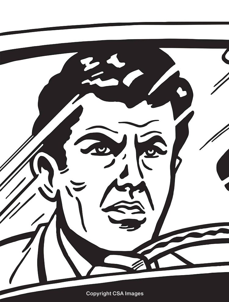 Retro Black-and-White Illustration of a Man Driving a Car