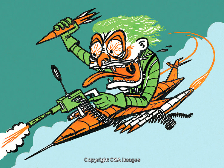 Cartoon Art of Crazy Character Flying on Rocket Through Clear Sky