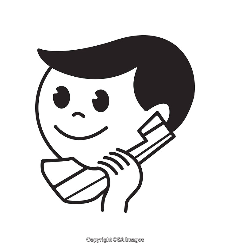 Black and White Line Art of a Child Talking on a Telephone