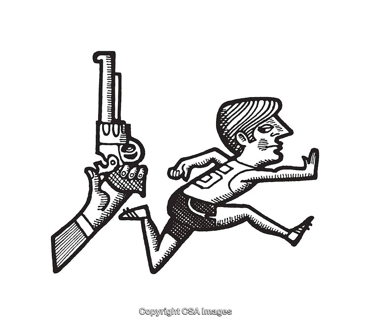 Cartoon Illustration of a Starting Gun and Athlete in Motion