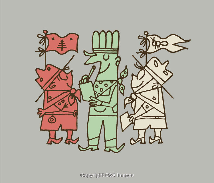 Whimsical Line Art of Characters with Flags and Unique Outfits