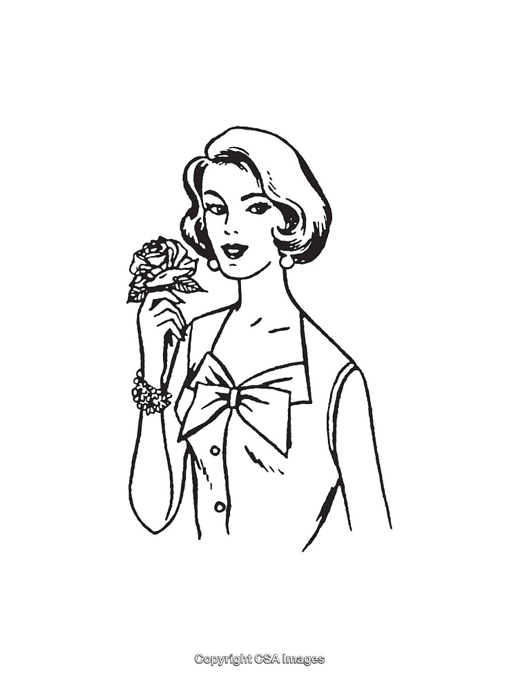 Vintage Line Art Illustration of Woman Holding a Flower