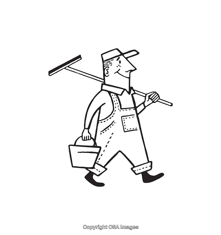 Black and White Illustration of a Worker Carrying Tools