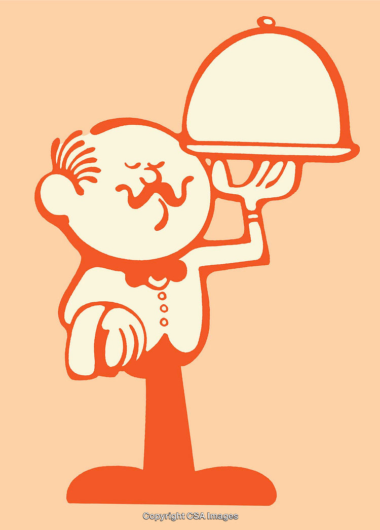 Illustration of a Waiter Holding a Serving Tray in a Cheerful Pose