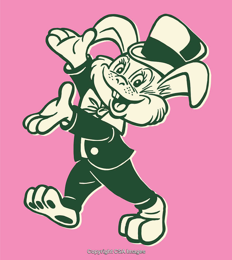 Cheerful Cartoon Rabbit in Top Hat on Vibrant Pink Background Illustration