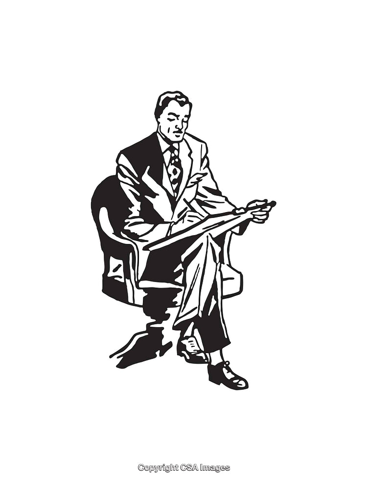 Black and White Illustration of a Man Sitting with a Pad and Pen