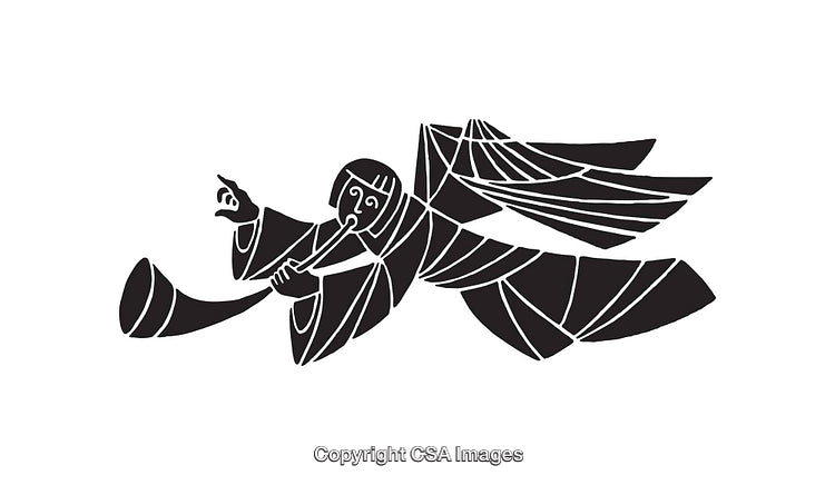 Black And White Angel Illustration with Trumpet Depicting a Celestial Scene