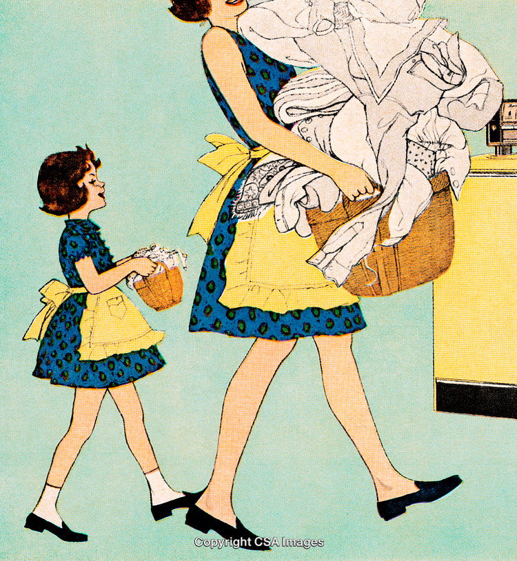Vintage Illustration of a Mother and Daughter Doing Laundry Together