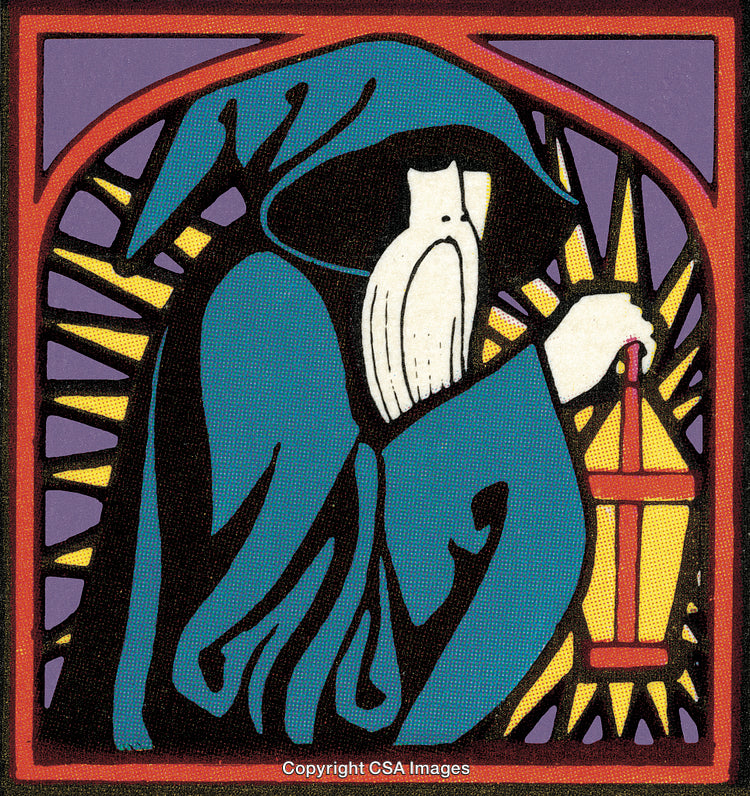 Mystical Illustration of a Hooded Sage Holding a Lantern Under a Starry Glow