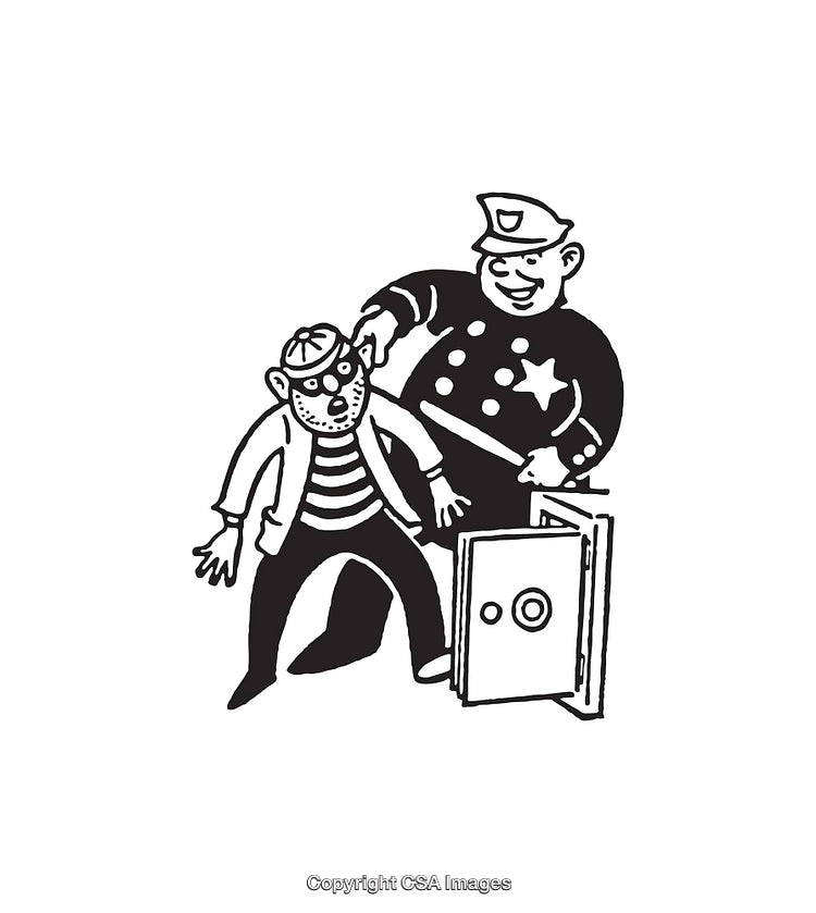 Black And White Illustration of Policeman Arresting a Thief Near a Safe