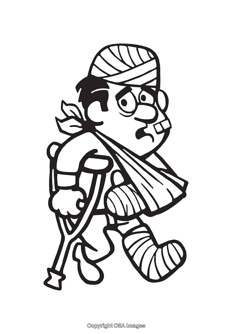 Injured Cartoon Character Using Crutch in Black and White Line Art