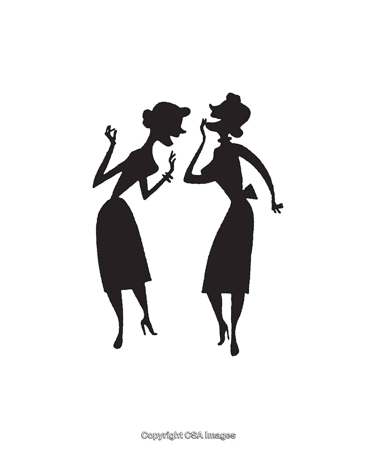Silhouetted Illustration of Two Women Conversing in Black and White