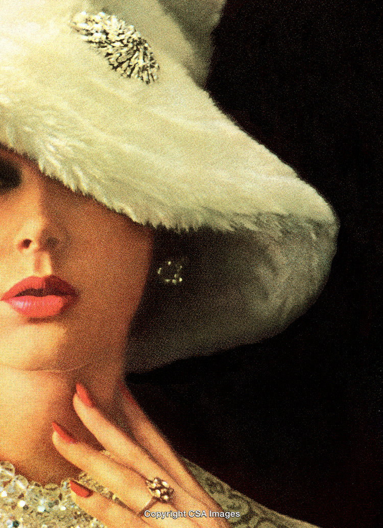 Stylized Woman in Elegant Hat and Jewelry with Dotted Print Effect
