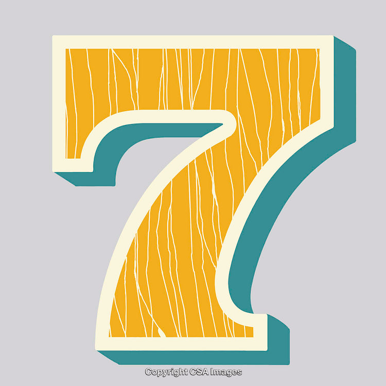 Brightly Colored Number Seven Illustration with Wood Grain Texture