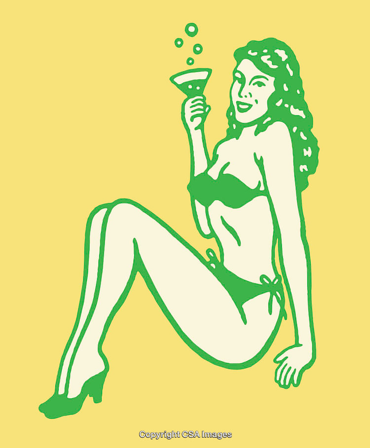 Vintage Style Line Art Woman With Cocktail on Yellow Background