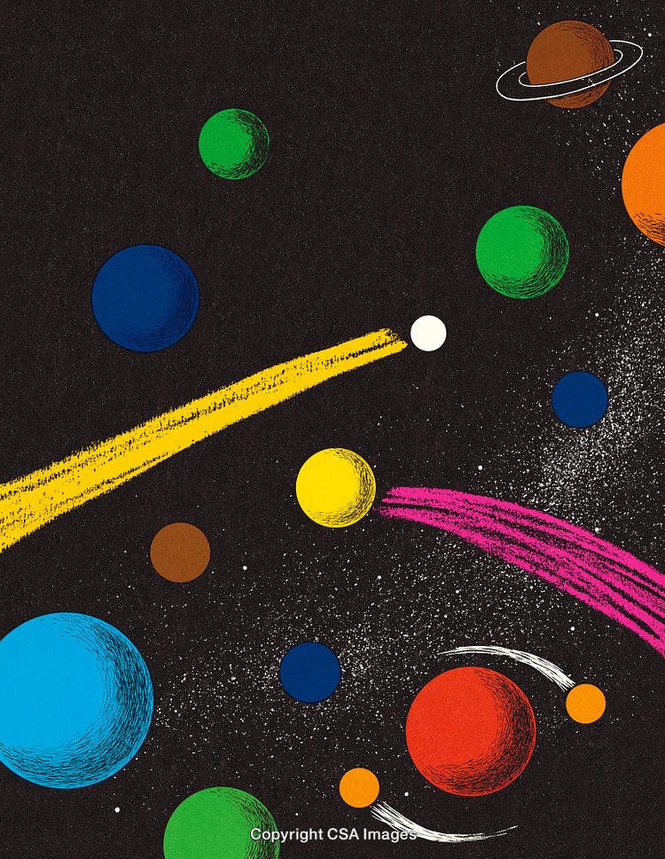 Colorful Artistic Representation of Outer Space with Planets and Star Patterns
