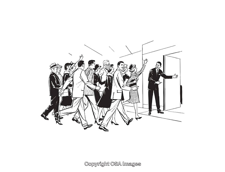Group of People Entering a Room with Welcoming Host in Black and White