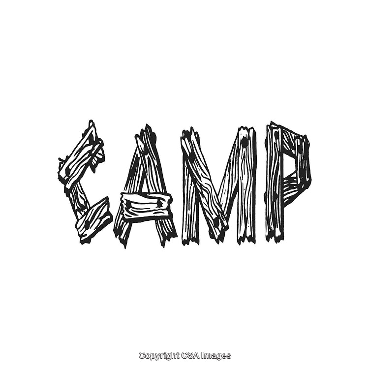 Rustic Wooden Text Design Spelling 'Camp' on White Background