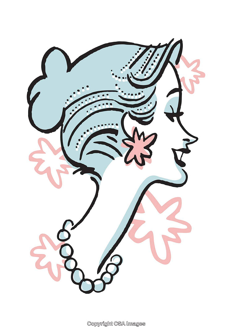 Elegant Retro Woman Profile Illustration with Decorative Floral Elements
