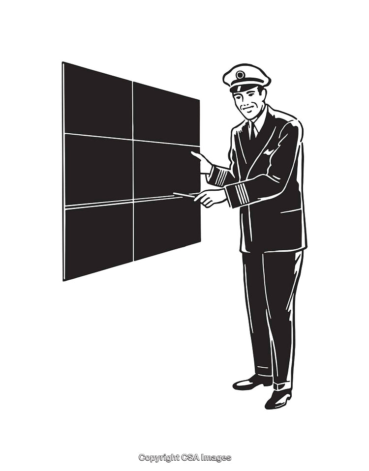 Vintage Captain Illustrating with Pointer on Grid Background in Black and White
