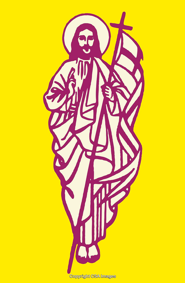 Abstract Yellow and Purple Religious Illustration with Symbolic Elements