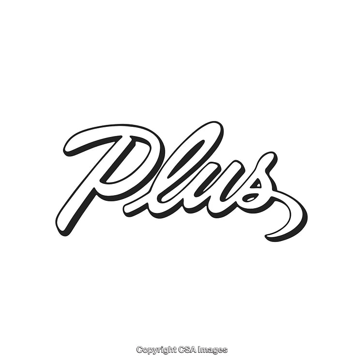 Stylish Black and White Calligraphy Text Reading 'Plus' on White Background