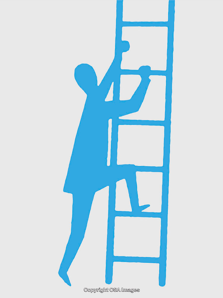 Blue Silhouette of a Person Climbing a Ladder on White Background
