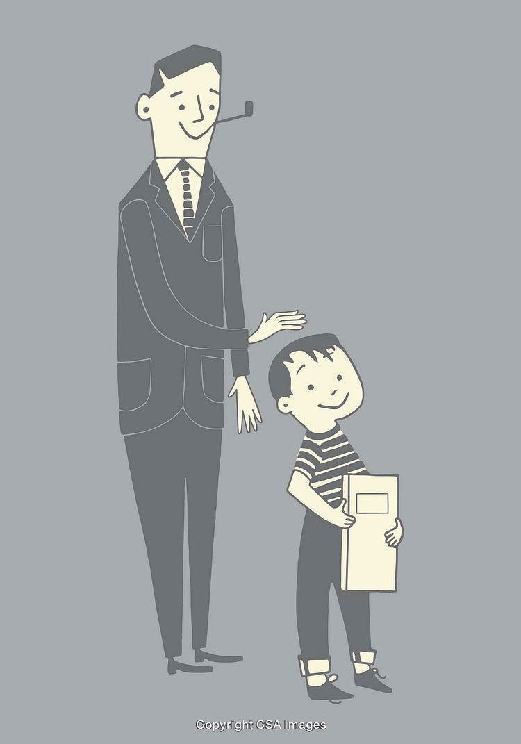 Illustration of a Happy Adult Encouraging a Boy Holding a Book
