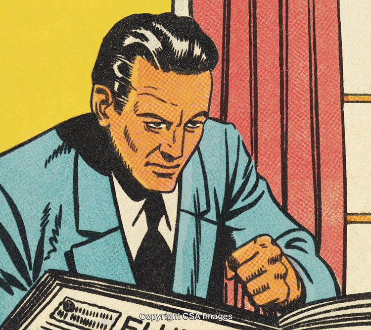 Vintage Illustration of a Man Reading a Newspaper in a Thoughtful Pose