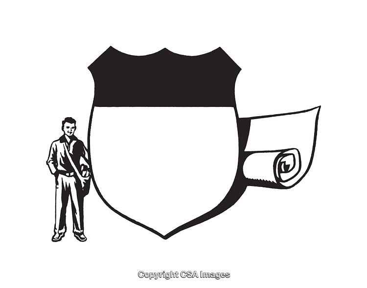 Black and White Line Art of a Shield and Student Illustration