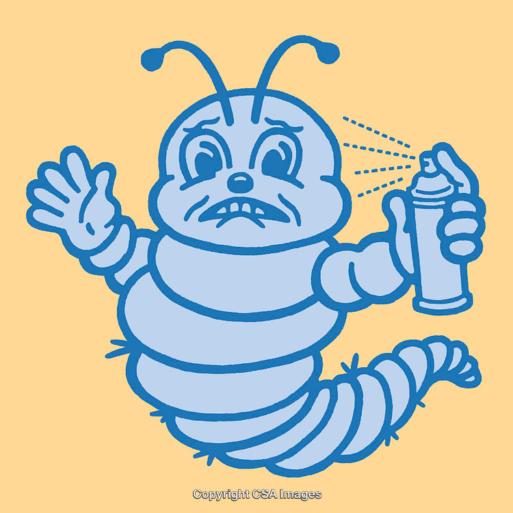 Expressionful Blue Cartoon Bug Holding Spray Can on Yellow Background