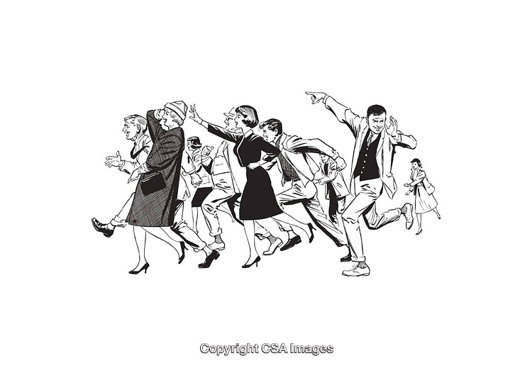 Joyful Group of People Dancing and Expressing Excitement in Retro Style