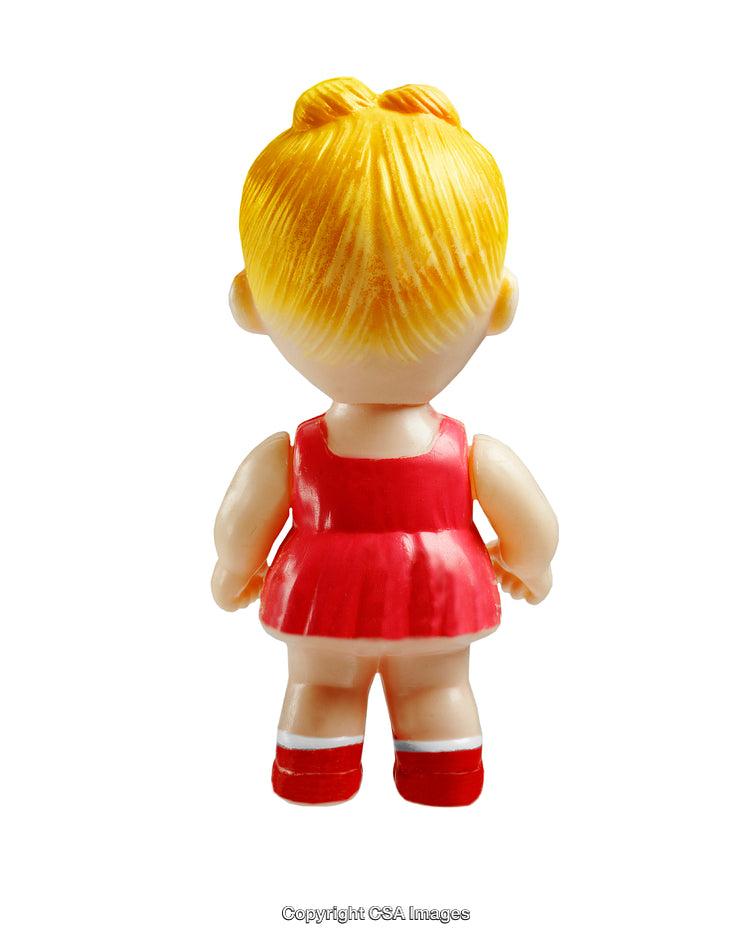 Back View of Toy Figure in Red Dress with Blonde Hair