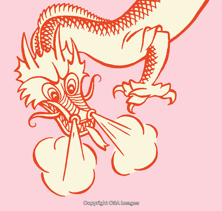Red Line Art Illustration of a Dragon on a Vibrant Pink Background