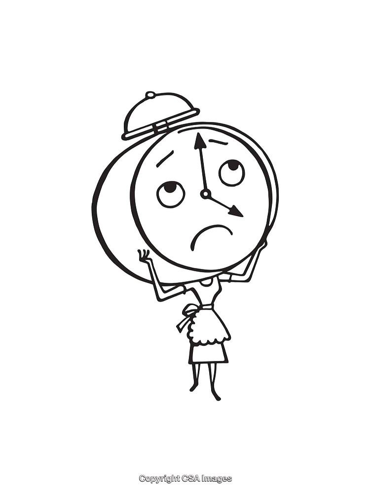 Black And White Illustration of a Clock Person Feeling Stressed