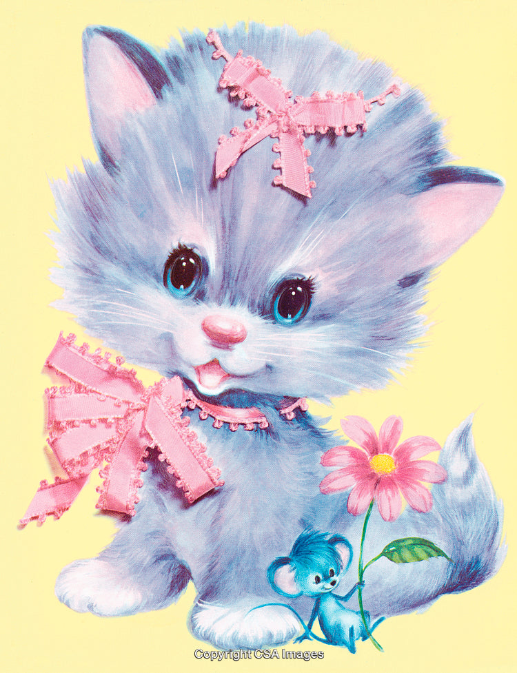Adorable Cartoon Kitten With Pink Ribbons and Tiny Toy Mouse