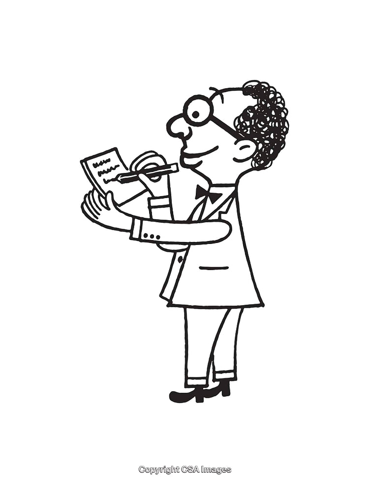 Black and White Cartoon of a Man Writing on a Notepad