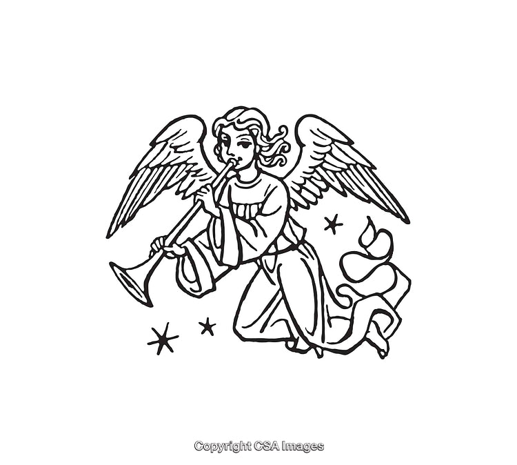 Hand-Drawn Angel Playing Trumpet in Black and White Line Art