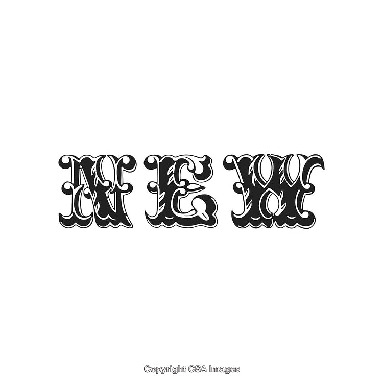 Intricate Ornamental Typography Design of the Word 'New' in Black and White
